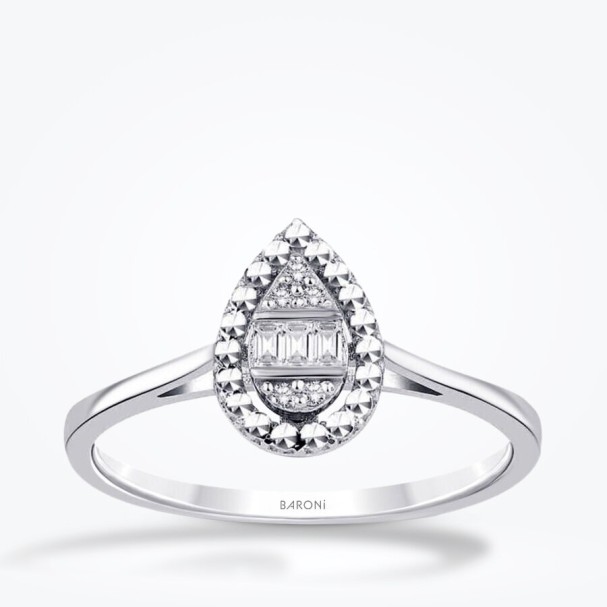 0.05 Karat Pırlanta Efektli Damla Baget Yüzük - Baroni Diamond