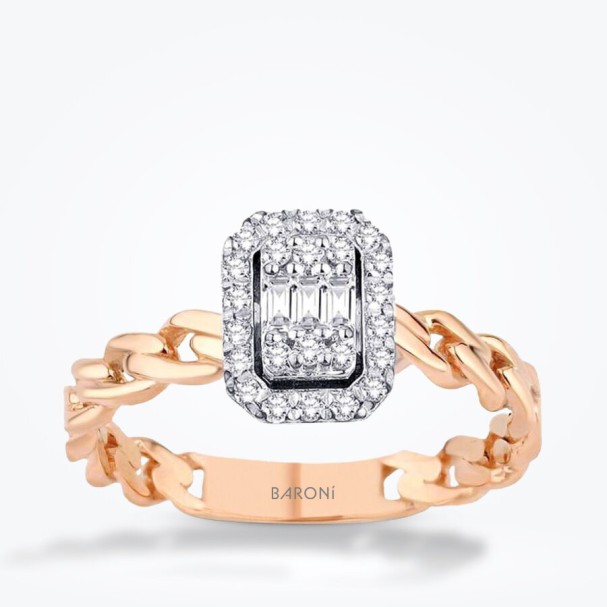 0.26 Karat Pırlanta Zincir İki Renk Baget Yüzük - Baroni Diamond
