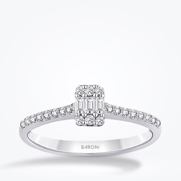 0.32 Karat Pırlanta Yanları Taşlı Baget Yüzük - Baroni Diamond