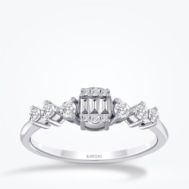 0.32 Karat Pırlanta Yanları Taşlı Baget Yüzük - Baroni Diamond