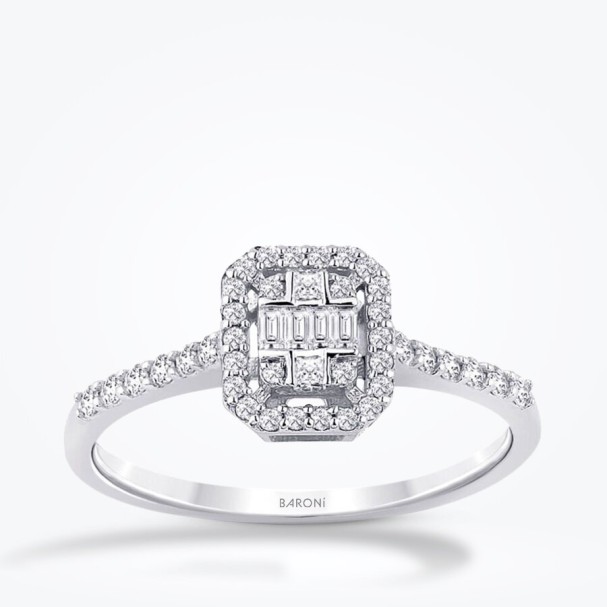 0.35 Karat Pırlanta Yanları Taşlı Baget Yüzük - Baroni Diamond