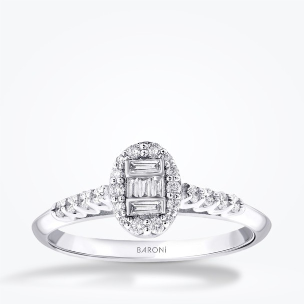 0.41 Karat Pırlanta Yanları Taşlı Baget Oval Yüzük - Baroni Diamond