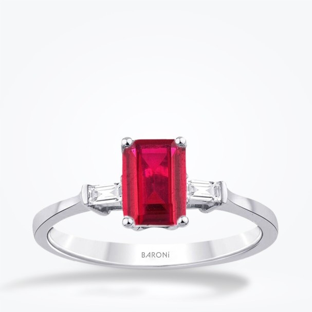 1.20 Karat Pırlanta Baget Yakut Yüzük - Baroni Diamond