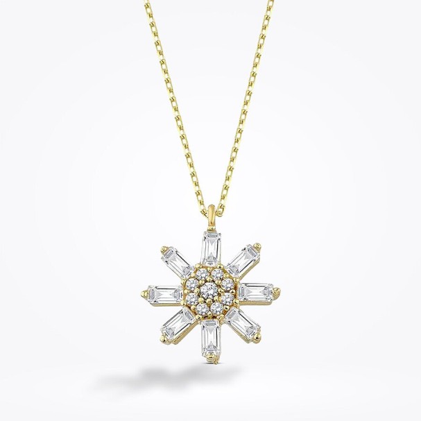 Altın Baget Çiçek Kolye - Baroni Diamond