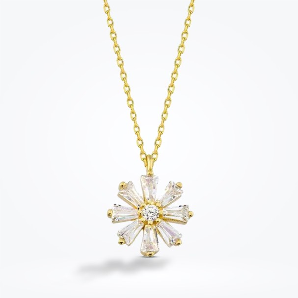 Altın Baget Çiçek Kolye - Baroni Diamond