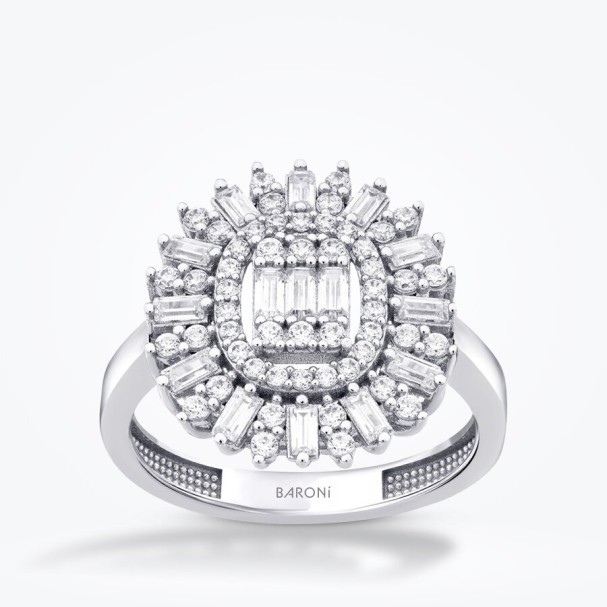 Altın Baget Taşlı Halo Yüzük - Baroni Diamond