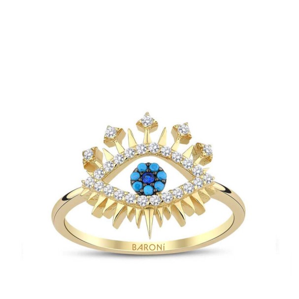 Altın Mavi Taşlı Göz Yüzük - Baroni Diamond