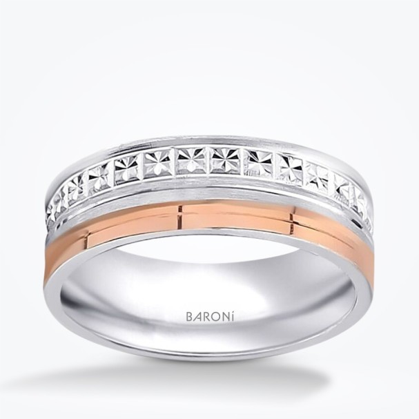 Altın Rose Beyaz Dokulu Alyans - Baroni Diamond