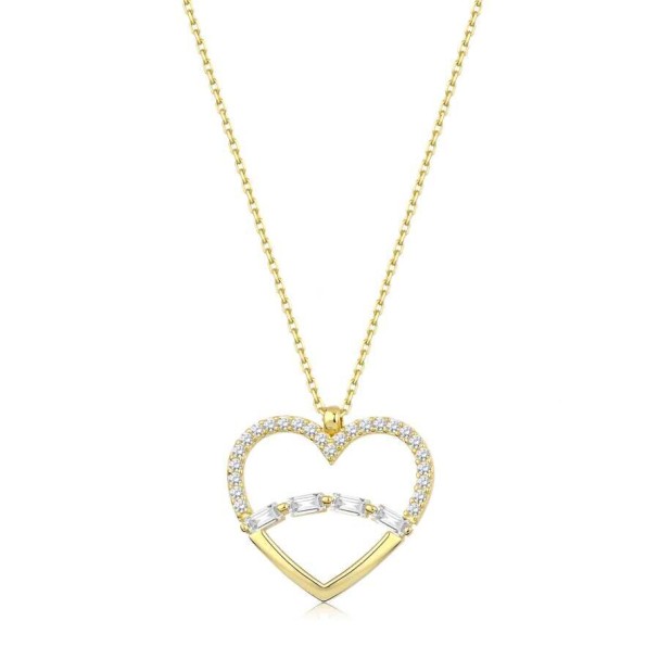 Altın Taşlı Baget Kalp Kolye - Baroni Diamond