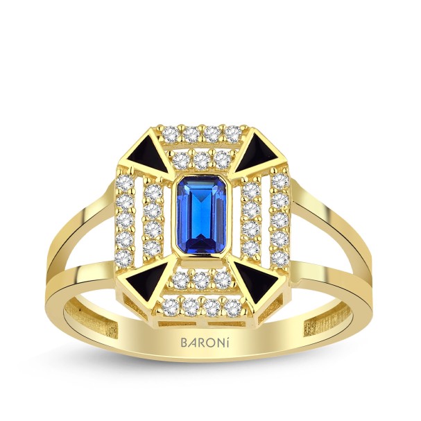Altın Mavi Baget Taşlı Yüzük - Baroni Diamond