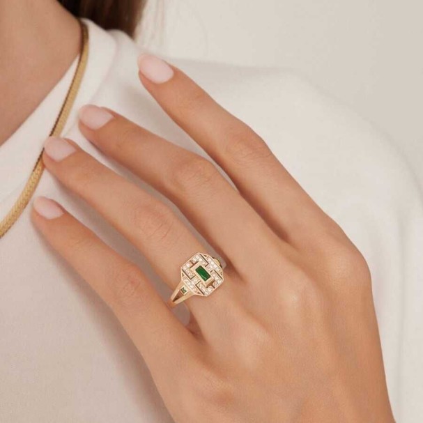 Altın Yeşil Taşlı Trend Yüzük - Baroni Diamond